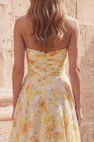 Load image into Gallery viewer, Yellow Floral Strapless Ruched A Line Long Prom Dress with Slit
