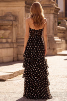 Load image into Gallery viewer, Black and White Polka Dots Corset Strapless A Line Long Prom Dress with Ruffles