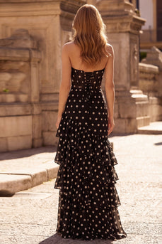 Black and White Polka Dots Corset Strapless A Line Long Prom Dress with Ruffles