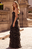 Load image into Gallery viewer, Black and White Polka Dots Corset Strapless A Line Long Prom Dress with Ruffles