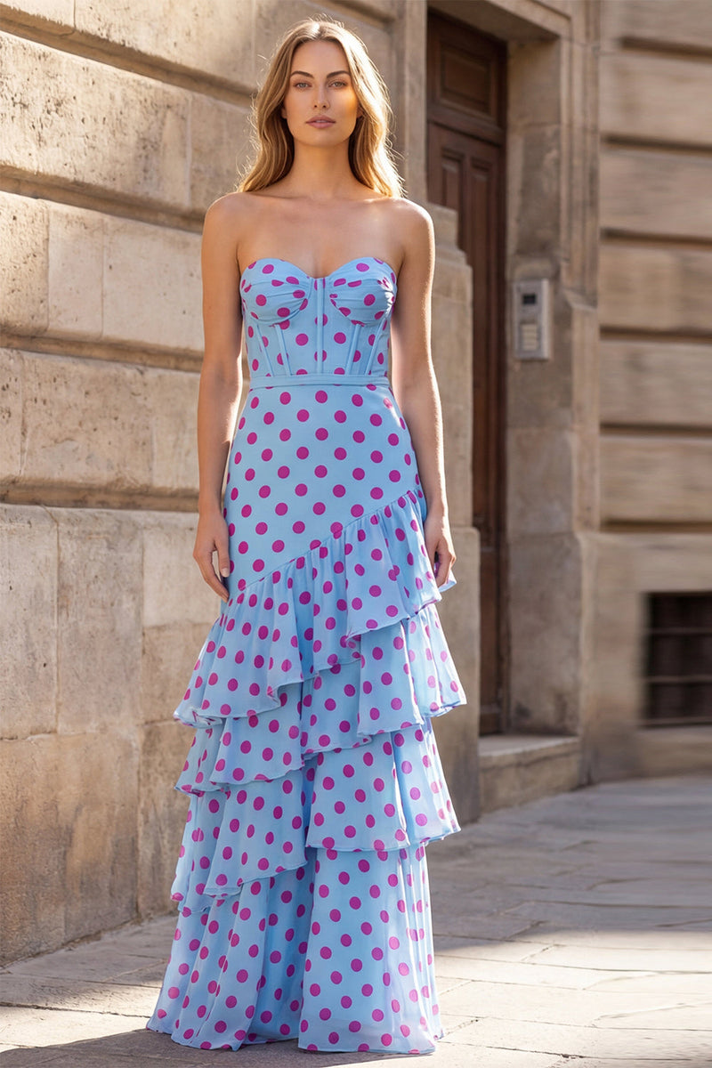 Load image into Gallery viewer, Black and White Polka Dots Corset Strapless A Line Long Prom Dress with Ruffles