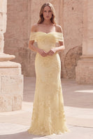 Load image into Gallery viewer, Off the Shoulder Yellow Mermaid Appliqued Long Prom Dress