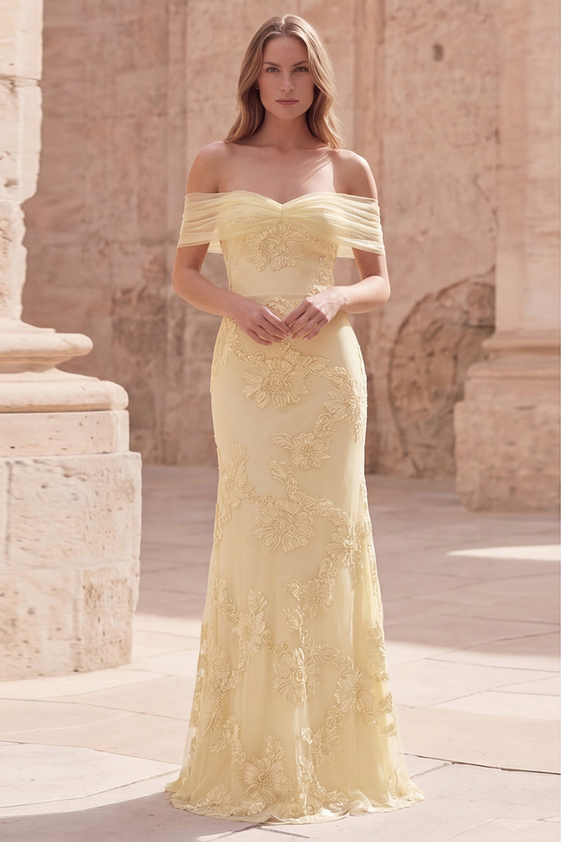 Load image into Gallery viewer, Off the Shoulder Yellow Mermaid Appliqued Long Prom Dress