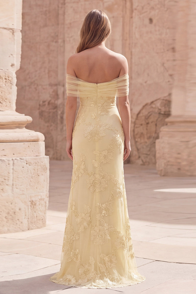 Load image into Gallery viewer, Off the Shoulder Yellow Mermaid Appliqued Long Prom Dress