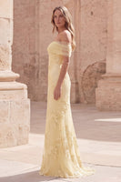 Load image into Gallery viewer, Off the Shoulder Yellow Mermaid Appliqued Long Prom Dress