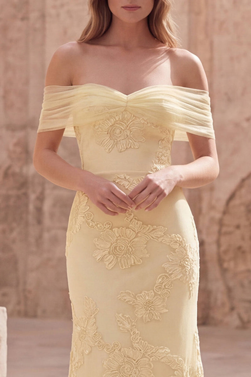 Load image into Gallery viewer, Off the Shoulder Yellow Mermaid Appliqued Long Prom Dress