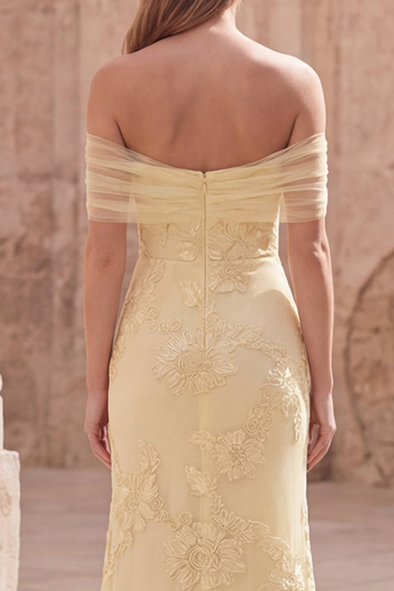 Load image into Gallery viewer, Off the Shoulder Yellow Mermaid Appliqued Long Prom Dress