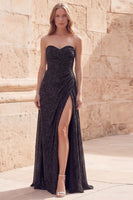 Load image into Gallery viewer, Strapless Ruched Black Sparkly Sheath Long Prom Dress with Slit