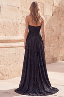Load image into Gallery viewer, Strapless Ruched Black Sparkly Sheath Long Prom Dress with Slit