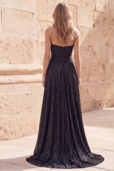 Strapless Ruched Black Sparkly Sheath Long Prom Dress with Slit