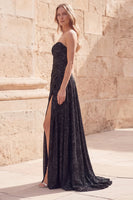 Load image into Gallery viewer, Strapless Ruched Black Sparkly Sheath Long Prom Dress with Slit