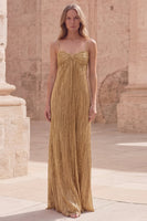 Load image into Gallery viewer, Spaghetti Straps Gold A Line Long Prom Dress with Pleats