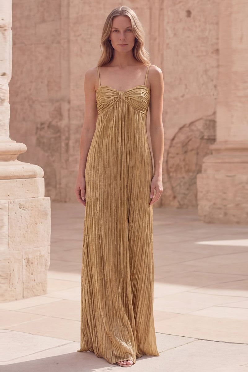 Load image into Gallery viewer, Spaghetti Straps Gold A Line Long Prom Dress with Pleats