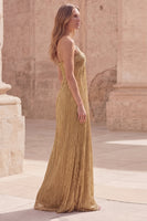 Load image into Gallery viewer, Spaghetti Straps Gold A Line Long Prom Dress with Pleats