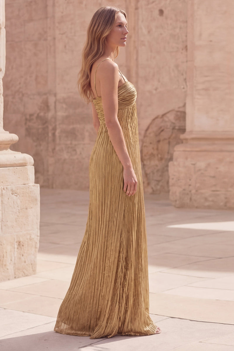 Load image into Gallery viewer, Spaghetti Straps Gold A Line Long Prom Dress with Pleats