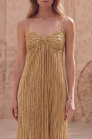 Load image into Gallery viewer, Spaghetti Straps Gold A Line Long Prom Dress with Pleats