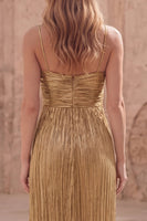 Load image into Gallery viewer, Spaghetti Straps Gold A Line Long Prom Dress with Pleats