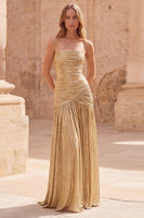 Load image into Gallery viewer, Queendancer Women Sparkly Gold Metallic Long Prom Dress with Pleats Strapless A Line Gala Dress