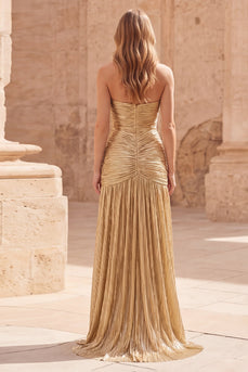 Sparkly Strapless Gold A Line Metallic Long Prom Dress with Pleats
