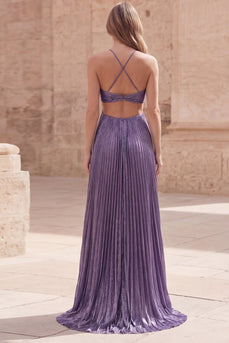 Sparkly Purple A Line Halter Long Prom Dress with Pleats