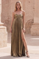 Load image into Gallery viewer, Strapless Dark Gold Pleated A Line Empire Waist Long Prom Dress with Slit