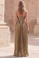 Load image into Gallery viewer, Strapless Dark Gold Pleated A Line Empire Waist Long Prom Dress with Slit