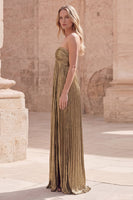 Load image into Gallery viewer, Strapless Dark Gold Pleated A Line Empire Waist Long Prom Dress with Slit