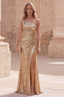 Load image into Gallery viewer, Sparkly Gold Sequin Sheath Long Ruched Prom Dress with Slit