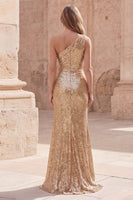 Load image into Gallery viewer, Sparkly Gold Sequin Sheath Long Ruched Prom Dress with Slit