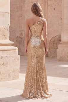 Sparkly Gold Sequin Sheath Long Ruched Prom Dress with Slit