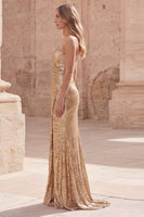 Load image into Gallery viewer, Sparkly Gold Sequin Sheath Long Ruched Prom Dress with Slit