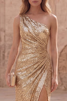 Load image into Gallery viewer, Sparkly Gold Sequin Sheath Long Ruched Prom Dress with Slit