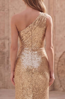 Load image into Gallery viewer, Sparkly Gold Sequin Sheath Long Ruched Prom Dress with Slit