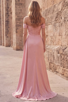 Pink Ruched Sheath Off the Shoulder Long Prom Dress with Slit