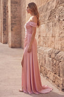 Load image into Gallery viewer, Pink Ruched Sheath Off the Shoulder Long Prom Dress with Slit