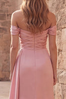Load image into Gallery viewer, Pink Ruched Sheath Off the Shoulder Long Prom Dress with Slit