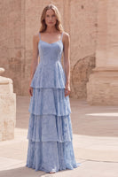 Load image into Gallery viewer, Dusty Blue Floral A Line Long Prom Dress with Ruffles