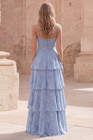 Load image into Gallery viewer, Dusty Blue Floral A Line Long Prom Dress with Ruffles