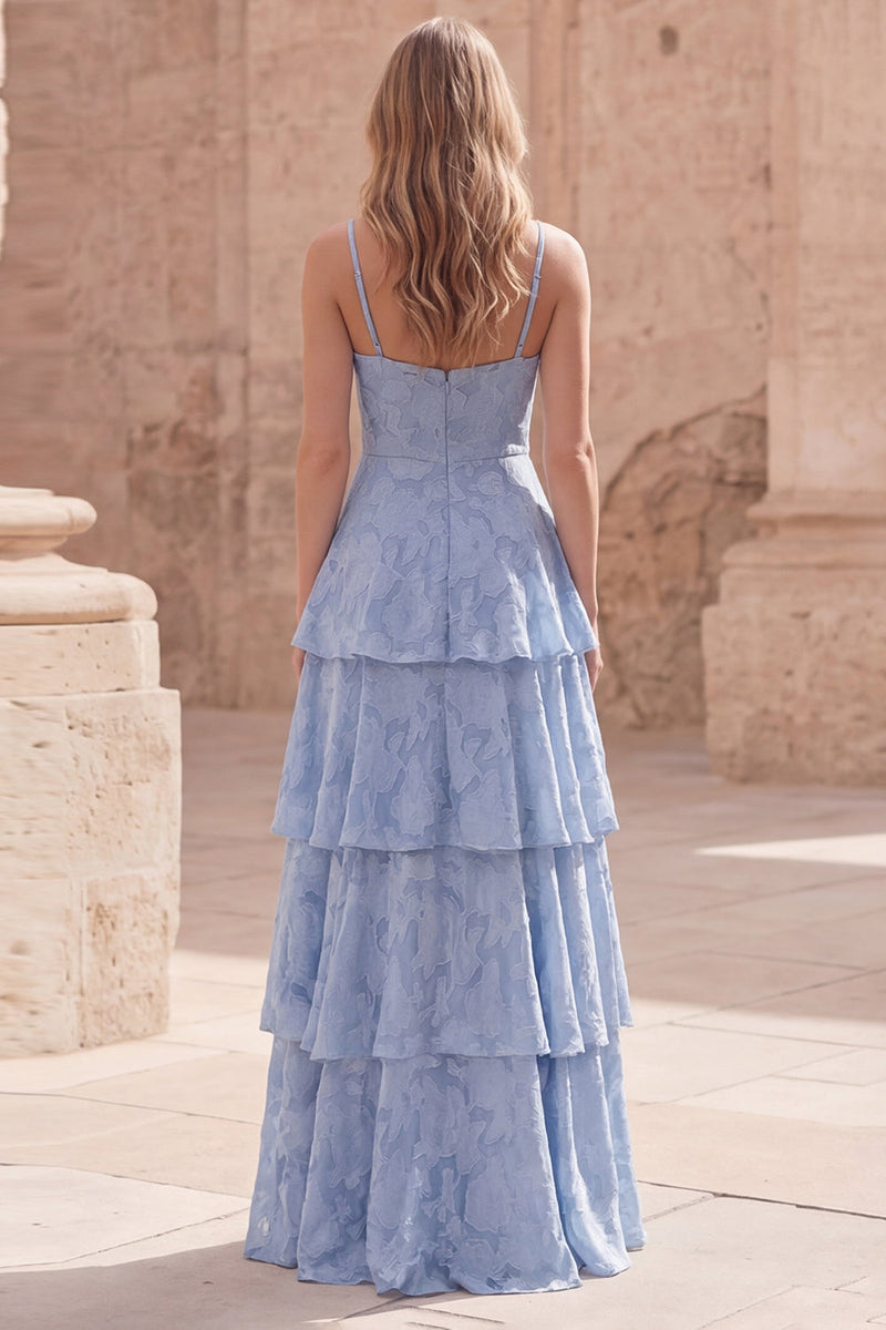 Load image into Gallery viewer, Dusty Blue Floral A Line Long Prom Dress with Ruffles