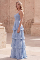 Load image into Gallery viewer, Dusty Blue Floral A Line Long Prom Dress with Ruffles