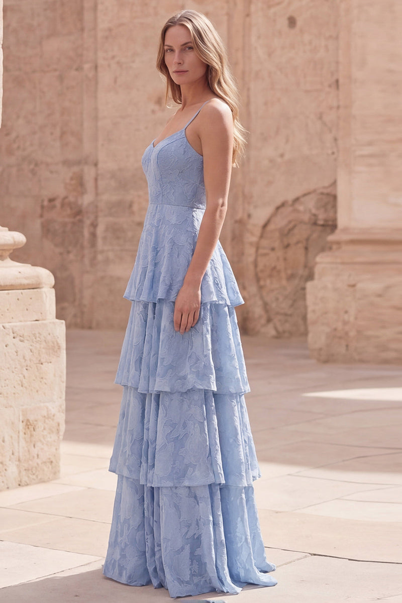 Load image into Gallery viewer, Dusty Blue Floral A Line Long Prom Dress with Ruffles