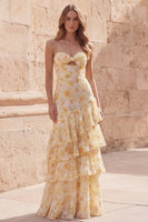 Load image into Gallery viewer, Yellow Long Floral Strapless A Line Prom Dress with Ruffles