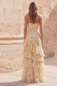 Yellow Long Floral Strapless A Line Prom Dress with Ruffles