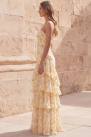 Load image into Gallery viewer, Yellow Long Floral Strapless A Line Prom Dress with Ruffles
