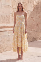 Load image into Gallery viewer, Yellow Floral A Line Strapless Asymmetrical Prom Dress