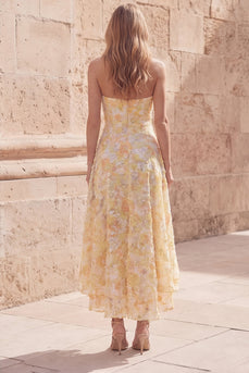 Yellow Floral A Line Strapless Asymmetrical Prom Dress