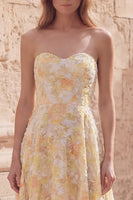 Load image into Gallery viewer, Yellow Floral A Line Strapless Asymmetrical Prom Dress