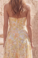 Load image into Gallery viewer, Yellow Floral A Line Strapless Asymmetrical Prom Dress