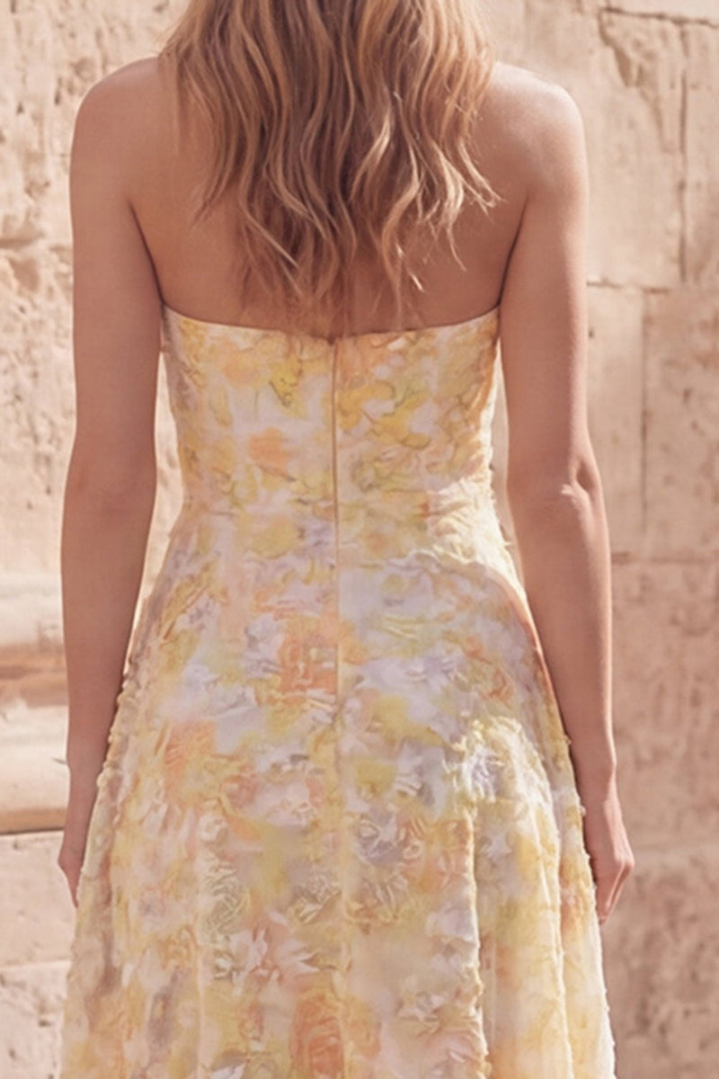 Load image into Gallery viewer, Yellow Floral A Line Strapless Asymmetrical Prom Dress