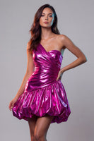 Load image into Gallery viewer, Fuchsia Metallic Ruched Glitter A Line Short Vintage 80s Prom Dress
